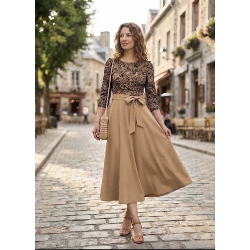 Elegant Lace Midi Dress 3/4 Sleeve line Flowy Cocktail Formal Wedding NWOT S